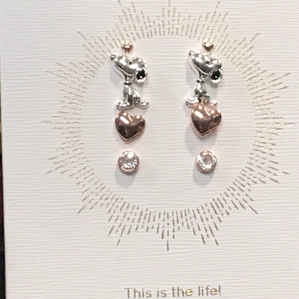 PEANUTS Unwritten 3 Pair Silver Plated Snoopy, Rose Gold Heart and CZ Bezel Stud